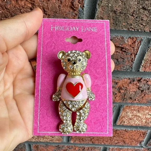 Pink Bear Heart Crystal Brooch - Picture 3 of 5